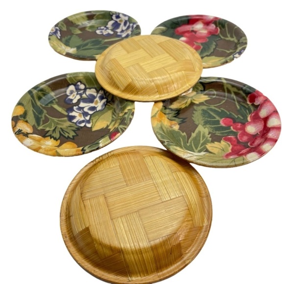 VINTAGE Bamboo Hand Painted Coaster Set of 6 - Picture 3 of 10